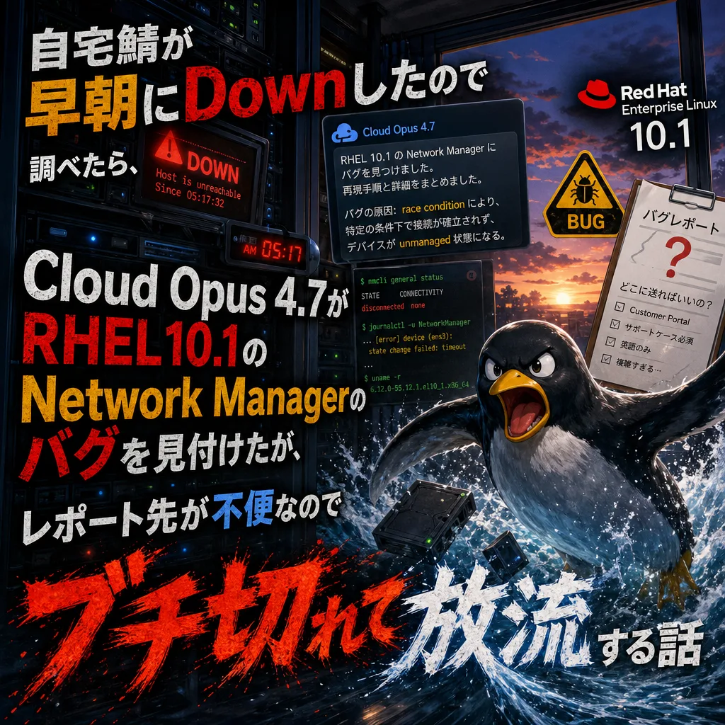 自宅鯖が早朝にDownしたので調べたら、Cloud Opus 4.7がRHEL10.1のNetwork Managerのバグを見付けたが、レポート先が不便なのでブチ切れて放流する話