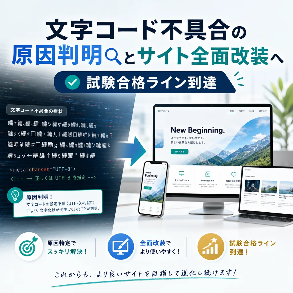 文字コード不具合の原因判明とサイト全面改装へ、試験合格ライン到達