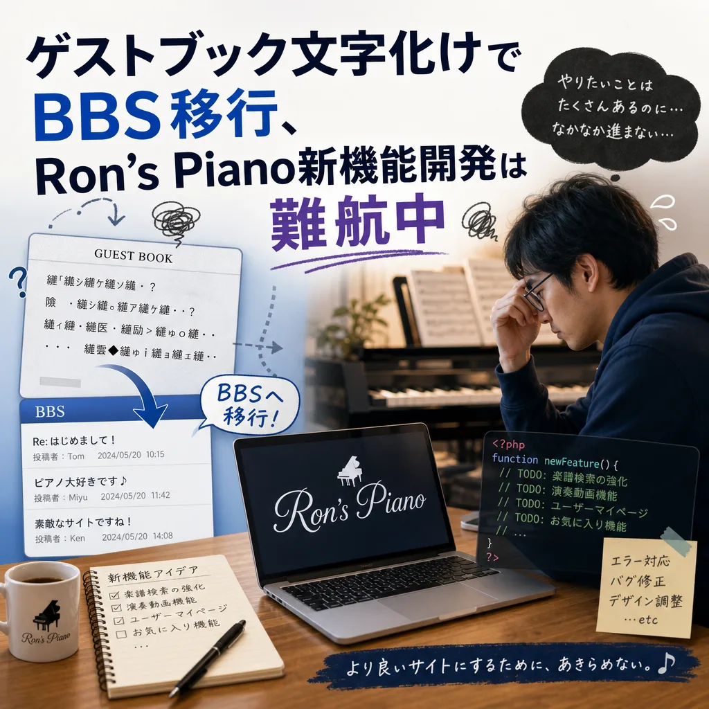 ゲストブック文字化けでBBS移行、Ron’s Piano新機能開発は難航中