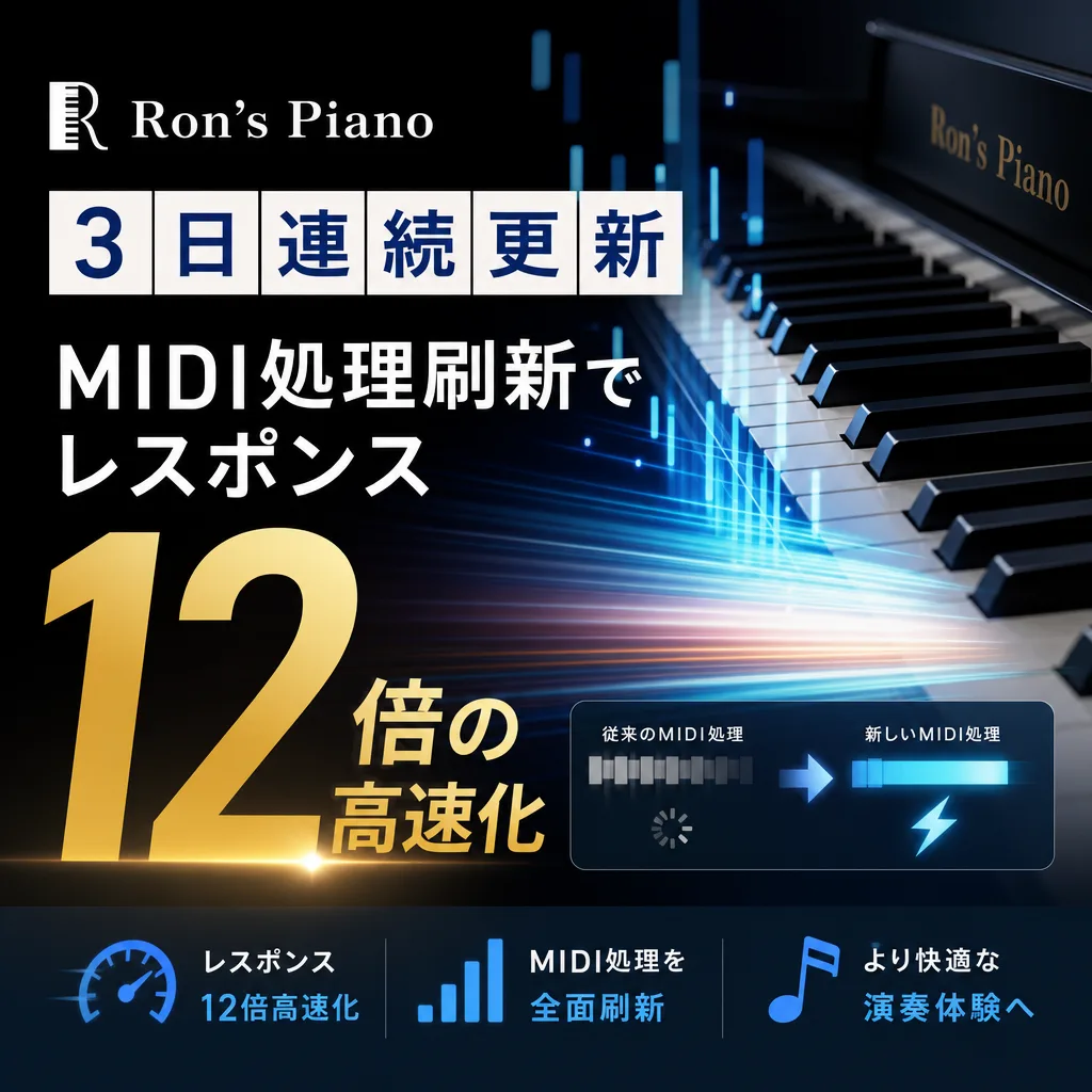 Ron’s Piano 3日連続更新、MIDI処理刷新でレスポンス12倍の高速化