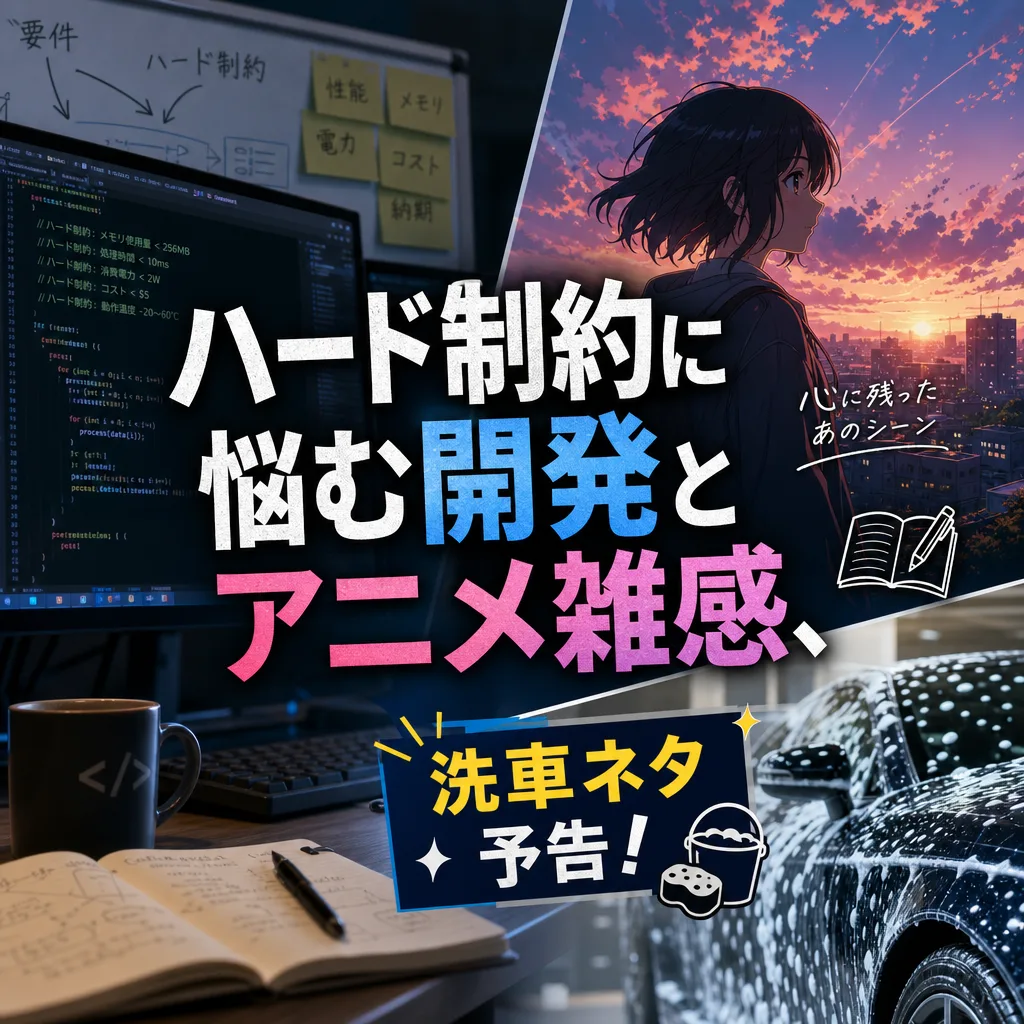 ハード制約に悩む開発とアニメ雑感、洗車ネタ予告